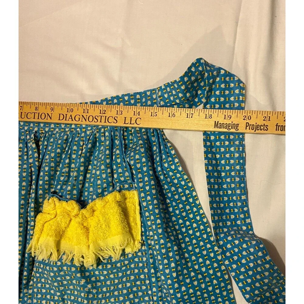 #5739 Womens Handmade Blue and Yellow Half Apron with Pockets